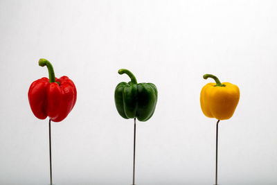 Close-up of yellow bell peppers on white background