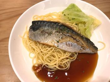 High angle view of fish served in plate