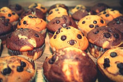 Close-up of chocolate chip muffins on table