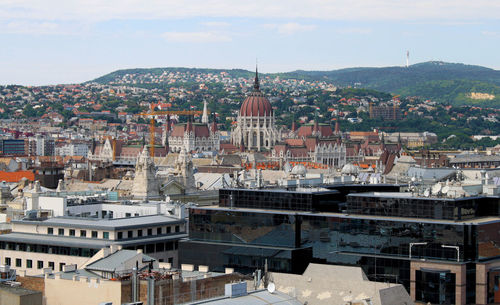 The hungarian parliament building. skyline of budapest, hungary. buildings, towers, and rooftops.