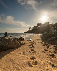 Scenic view of beach against sky during sunset