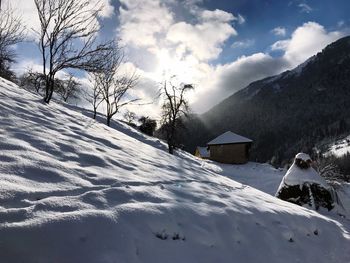 Snow covered landscape against sky