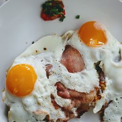 Close-up of fried egg served in plate