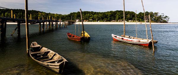 Sailboats moored on sea against sky