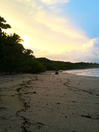 Scenic view of beach against sky during sunset