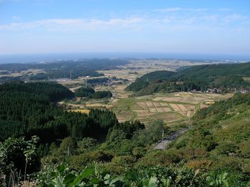 High angle view of agricultural field against sky