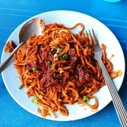 High angle view of noodles served in plate