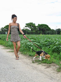 Full length of woman with dog walking on land against clear sky