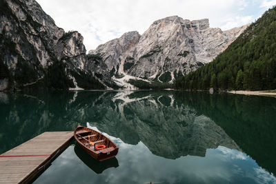 Scenic view of lake by mountains against sky