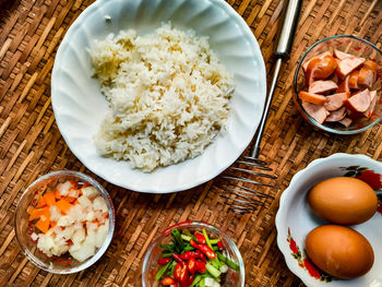 High angle view of breakfast served on table