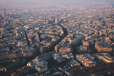 Aerial view of cityscape during sunset