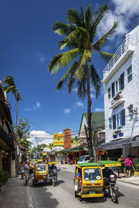 Cars on road by palm trees and buildings in city against sky