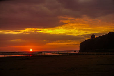 Scenic view of beach against cloudy sky during sunset