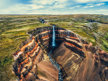 High angle view of people on land against sky