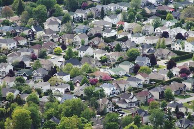 High angle view of buildings in town