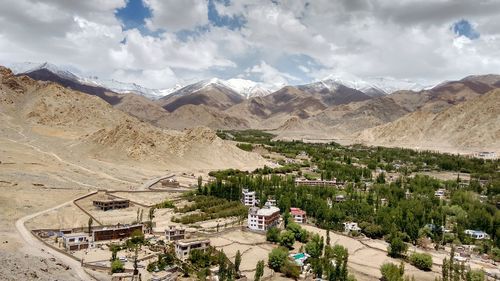 High angle view of mountains against sky