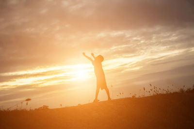 Silhouette person standing by tree against sky during sunset