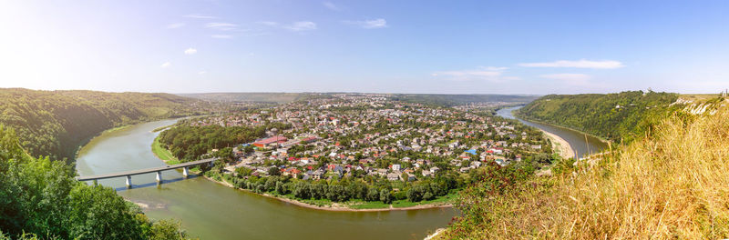 Incredible panoramic view of zalishchyky city and the canyon of the dniester river