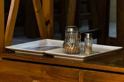 Empty glasses on table at home