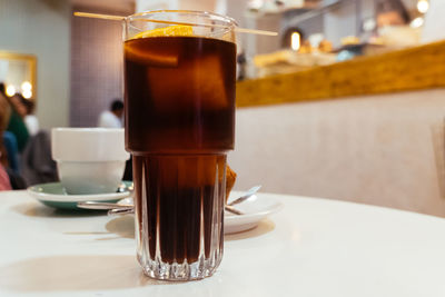 Close-up of coffee served on table