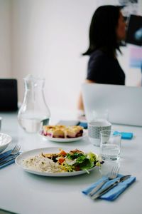 Close-up of food served on table