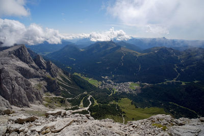 Sunny day on dolomites, hiking in summer through altopiano della rosetta