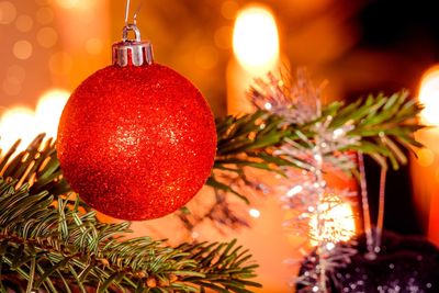 Close-up of red bauble hanging during christmas