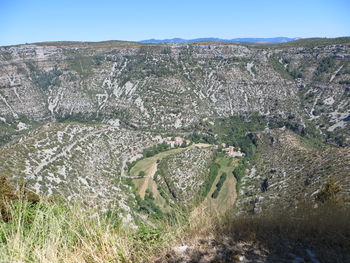 Aerial view of landscape against clear sky