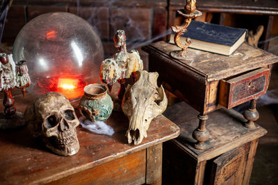 Close-up of old electric lamp on table