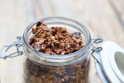 Close-up of granola in jar on table