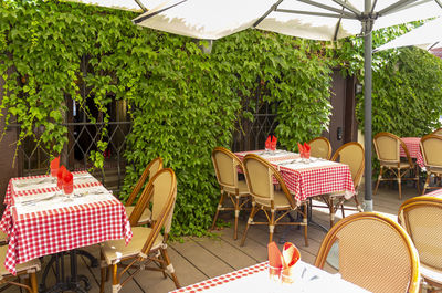 Empty chairs and tables in restaurant