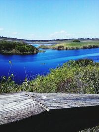 Scenic view of calm lake against blue sky