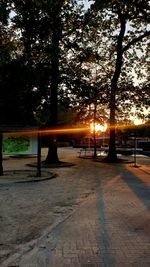 Empty bench in park at sunset