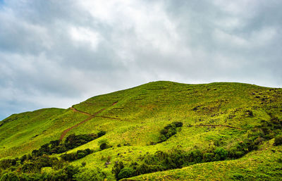 Scenic view of green mountains against sky