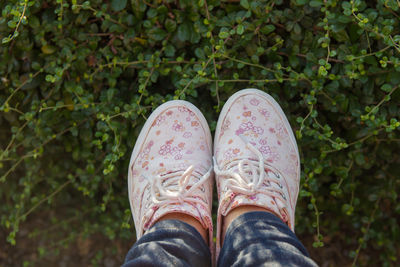 Low section of woman standing on plants