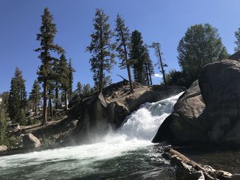 Scenic view of waterfall against clear sky