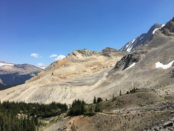 Scenic view of mountains against clear blue sky