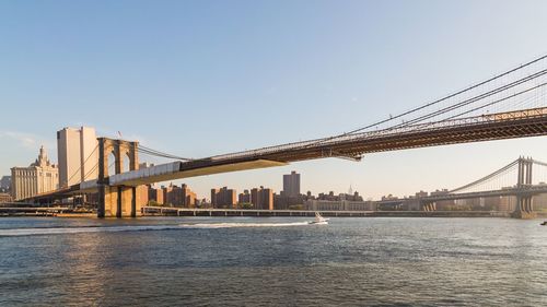 View of brooklyn bridge with city in background