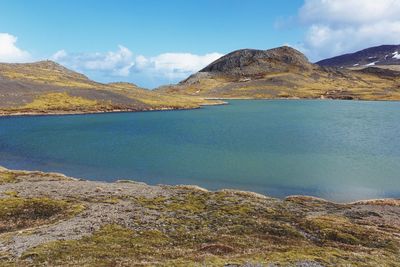 Scenic view of lake against cloudy sky