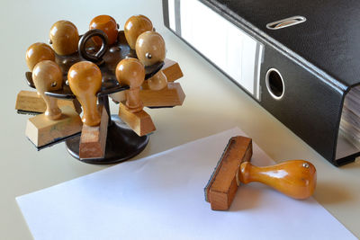 High angle view of figurine on table