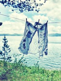 Close-up of clothes drying on clothesline on field against sky