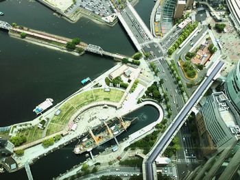 Aerial view of harbor and cityscape