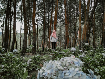 Woman standing by trees in forest