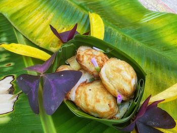 High angle view of food on leaves