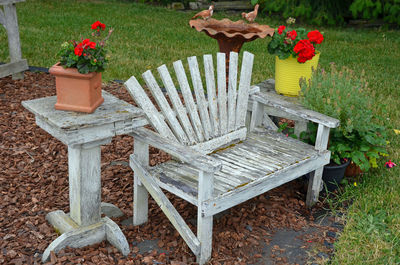 Potted plants on bench in yard