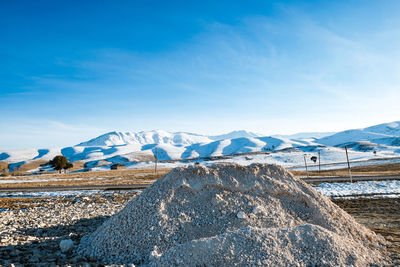 Scenic view of snowcapped mountains against blue sky