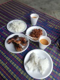 High angle view of breakfast served on table