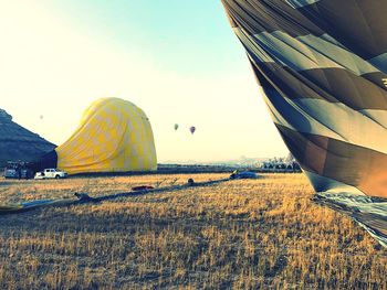 View of hot air balloons on field