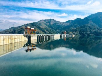 Scenic view of lake and mountains against sky