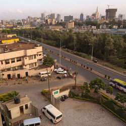 High angle view of street amidst buildings in city